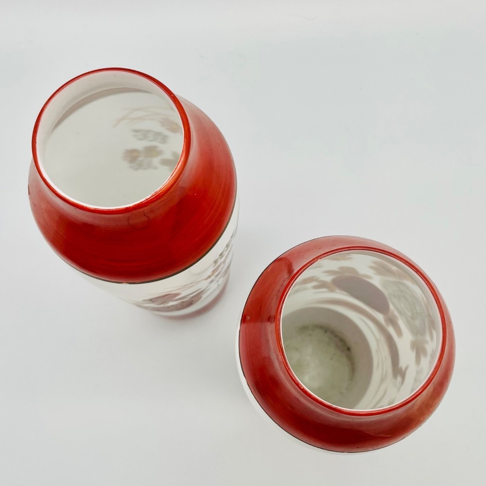 Japanese Kutani Style Milk Glass Vase Pair Bird Floral Red Gold 8" - Picture 5 of 6